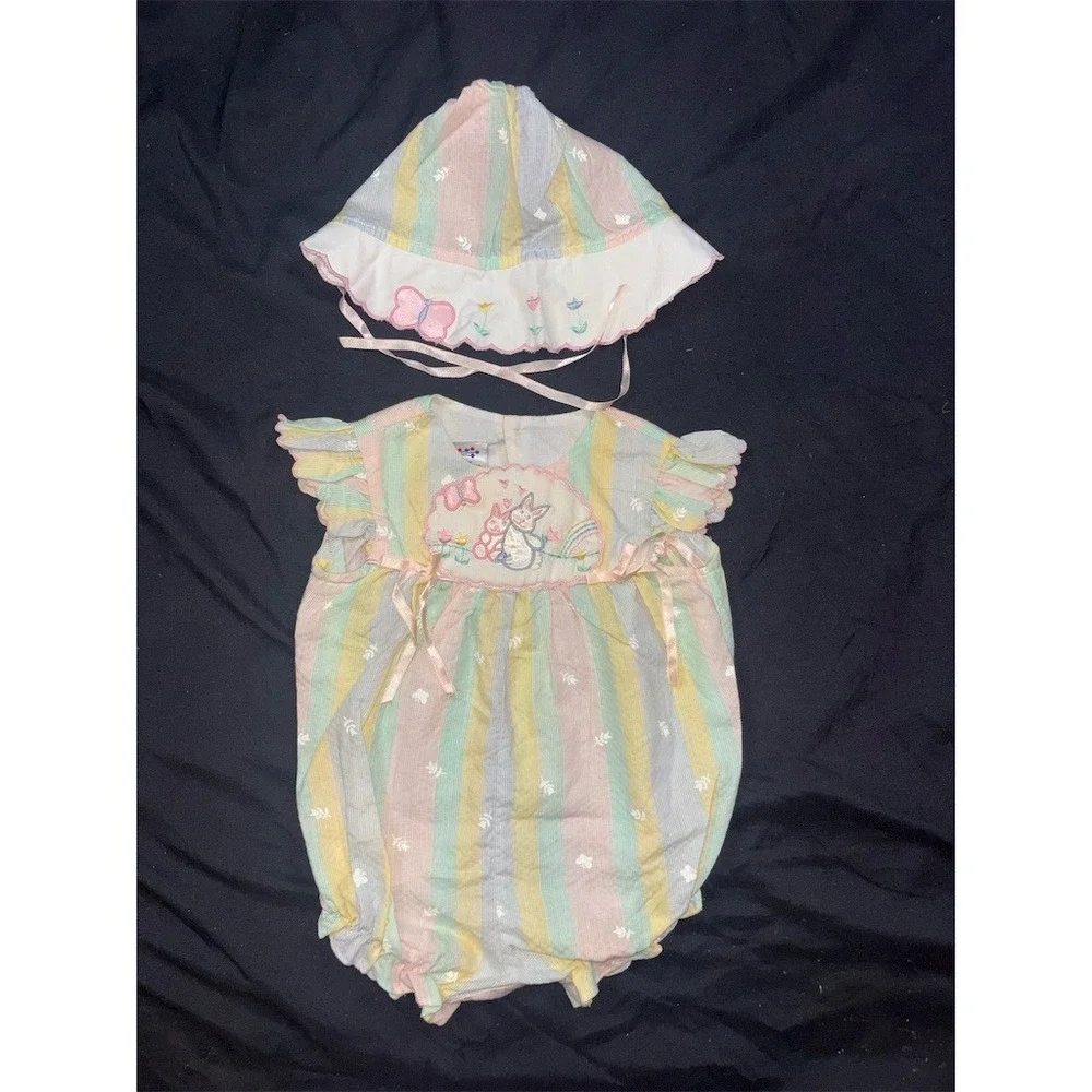 Baby Togs Vintage Bunny Bubble Romper & Bonnet Set Girls 3-6 M Easter vintage